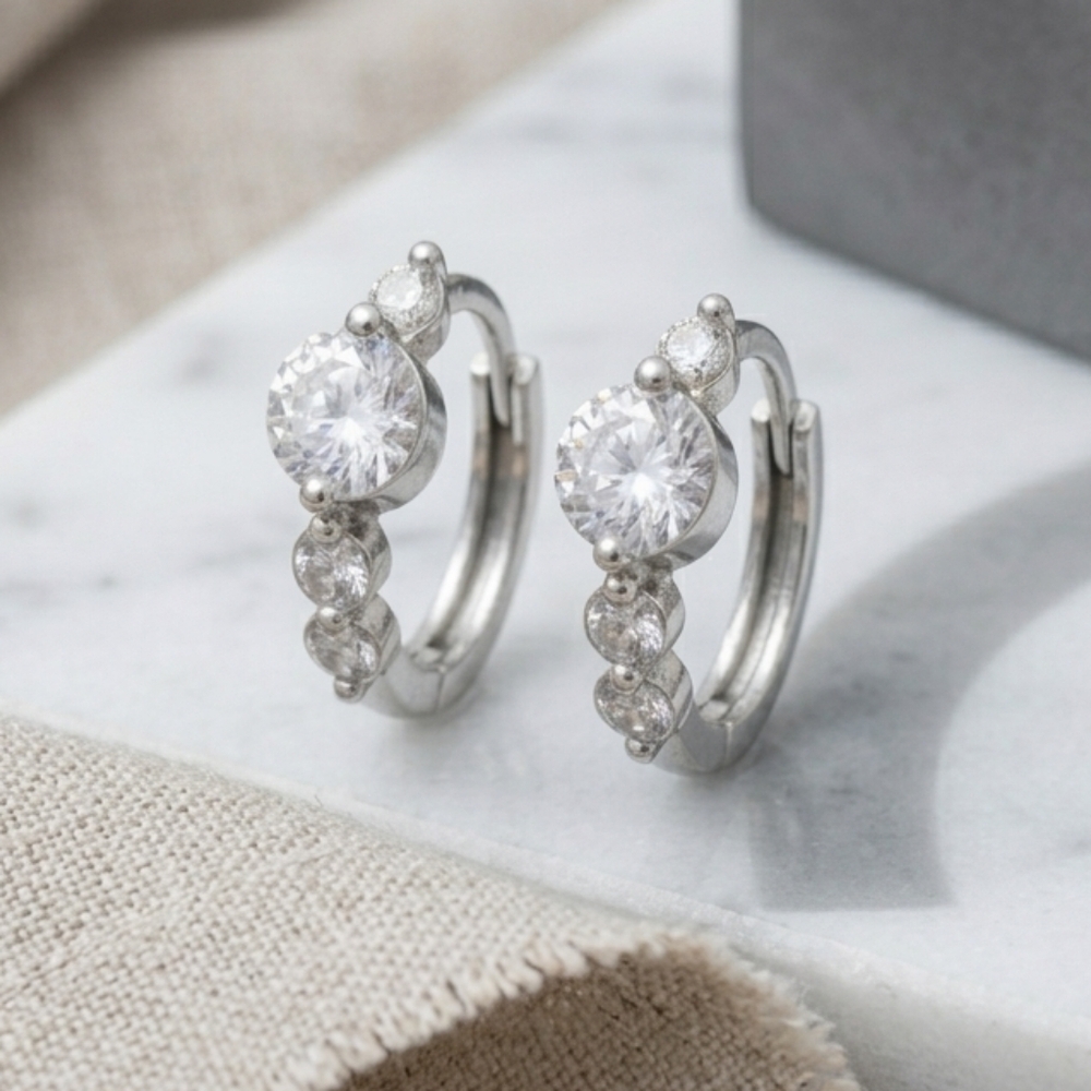 Dainty Sterling Silver CZ Huggie Hoop Earrings 0.45" Minimalist Stacking
